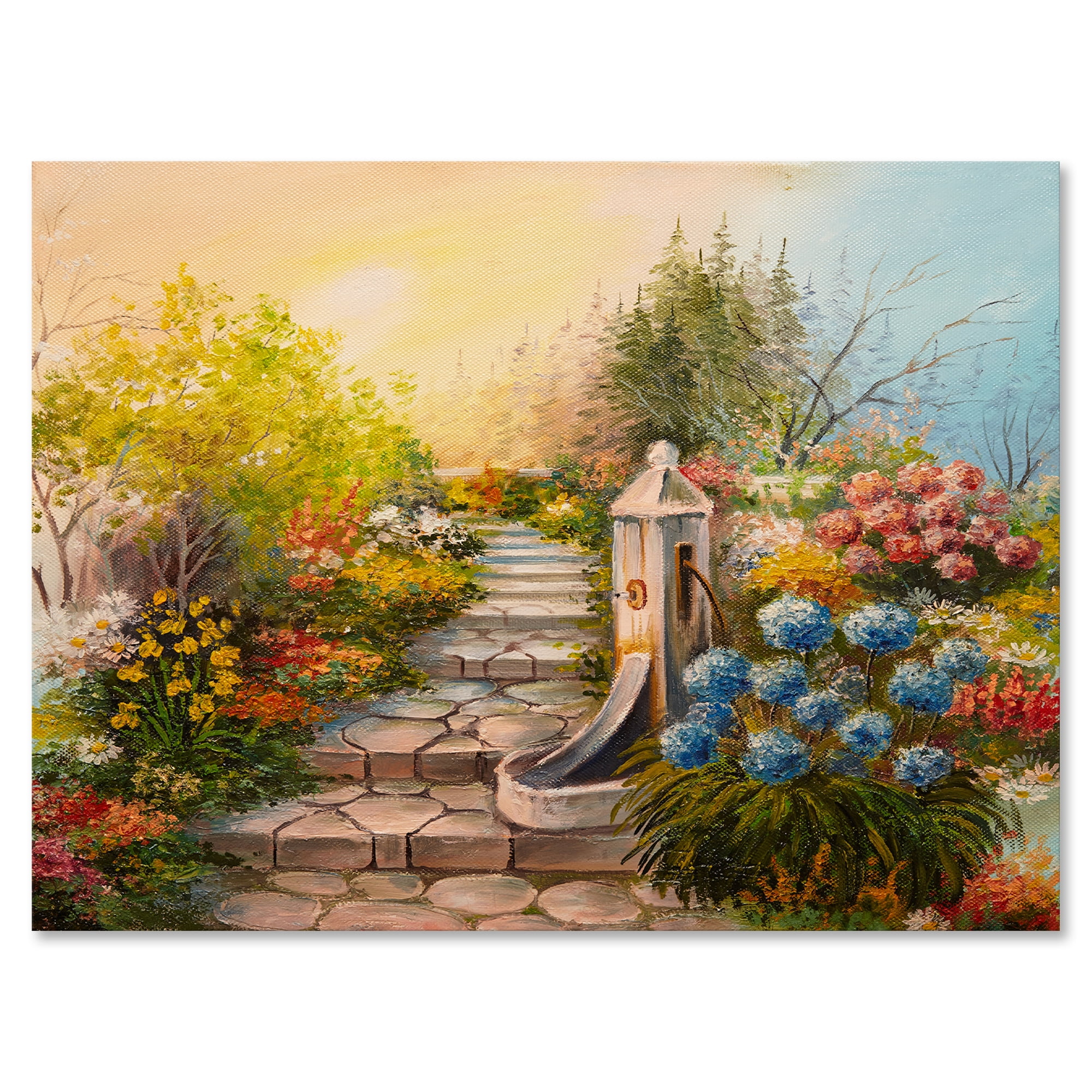 Designart ' Stone Stairs In The Blossoming Flowers Forest ' Traditional Canvas Wall Art Print