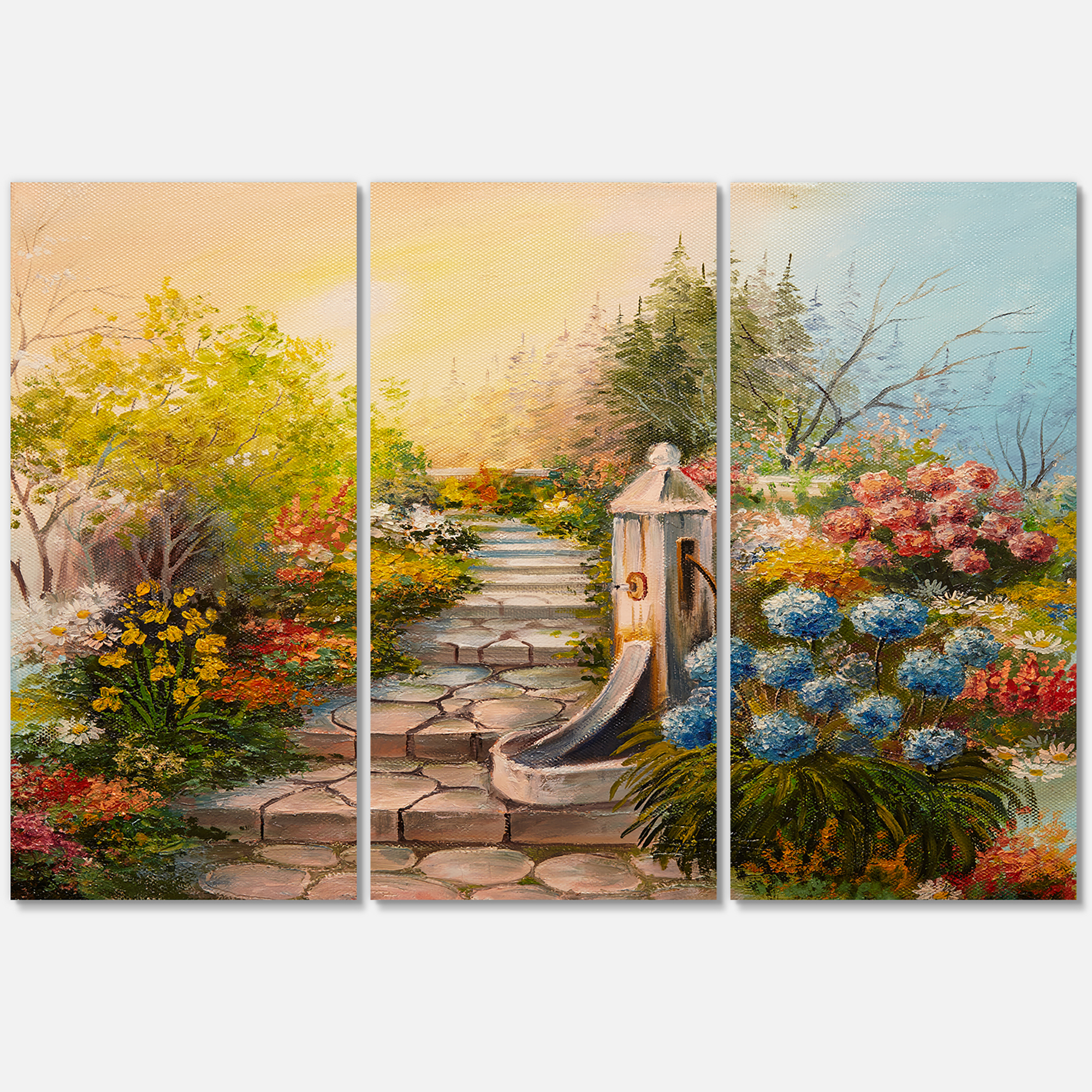 Designart ' Stone Stairs In The Blossoming Flowers Forest ' Traditional Canvas Wall Art Print