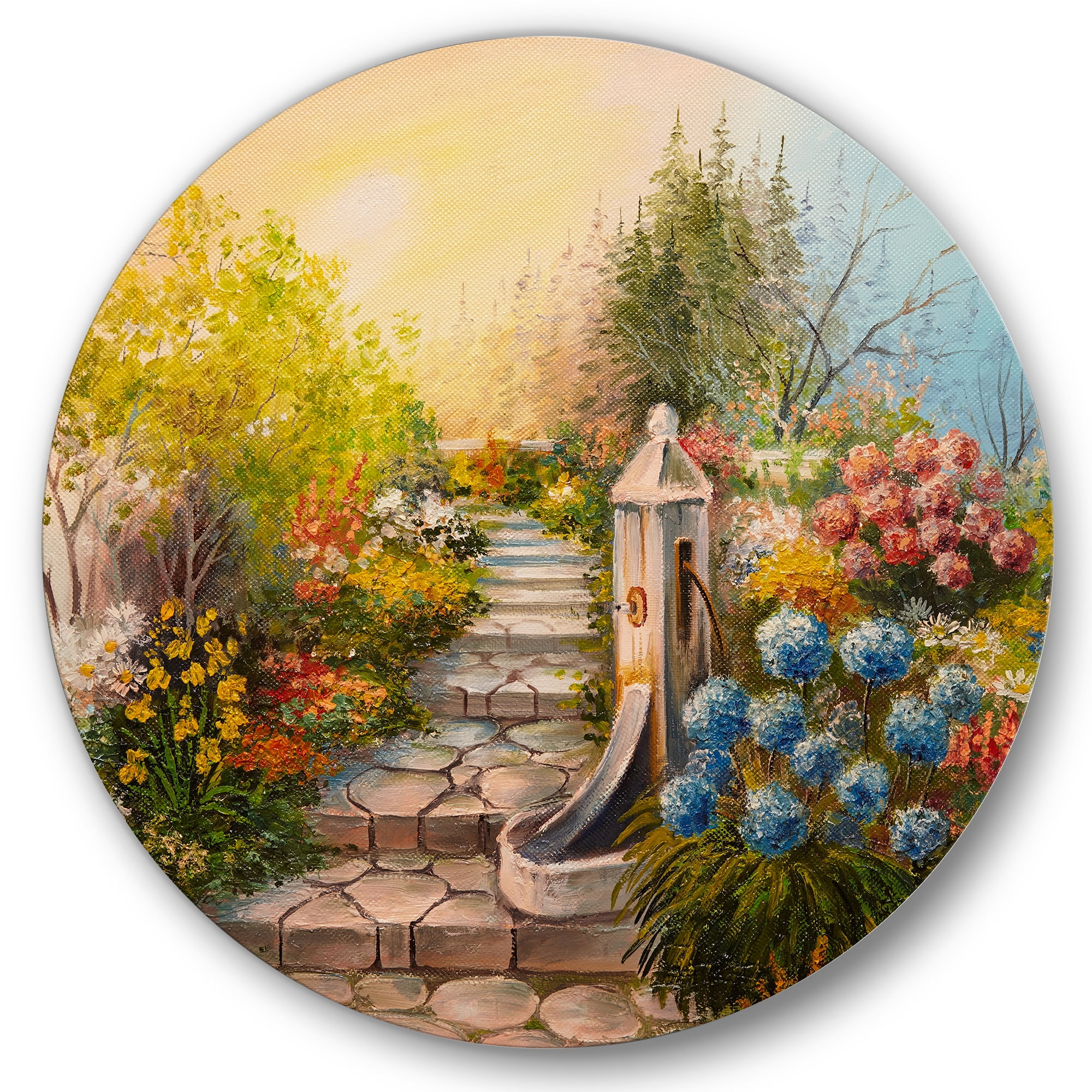 Designart 'Stone Stairs In The Blossoming Flowers Forest' Traditional Circle Metal Wall Art 23x23 - Disc of 23
