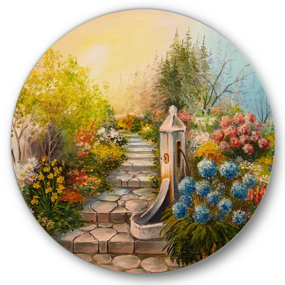 Designart 'Stone Stairs In The Blossoming Flowers Forest' Traditional Circle Metal Wall Art 36x36 - Disc of 36