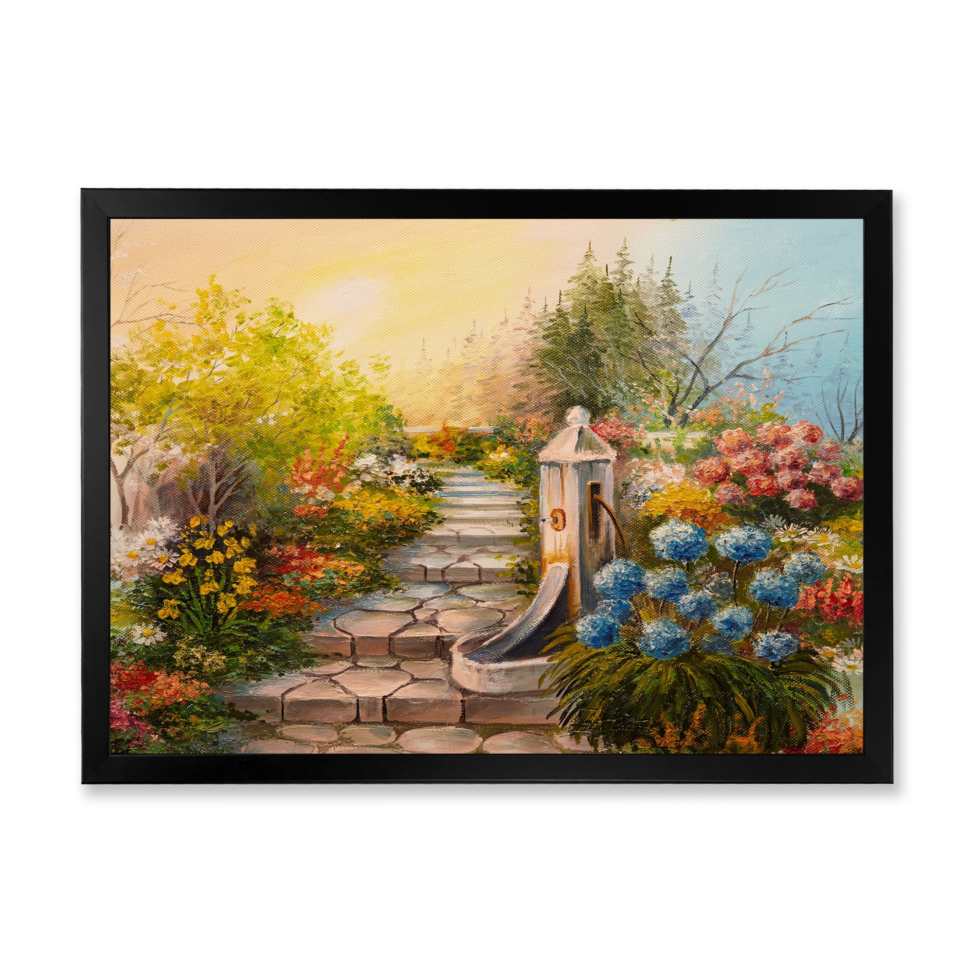 Designart 'Stone Stairs In The Blossoming Flowers Forest' Traditional Framed Art Print