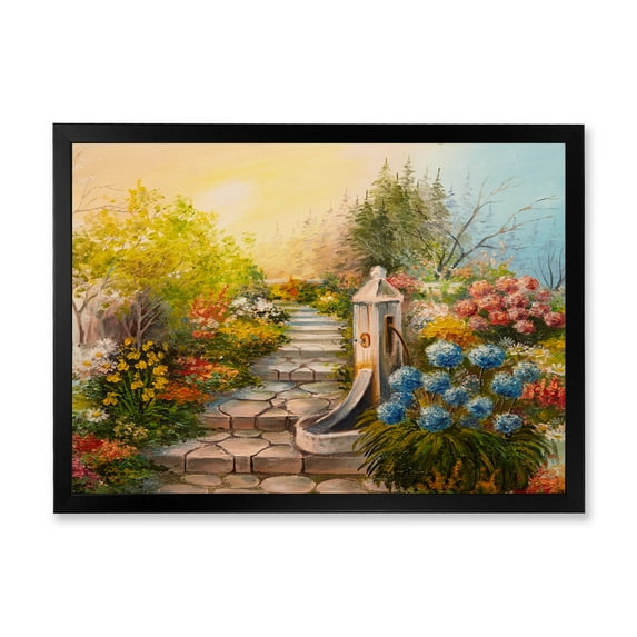 Designart 'Stone Stairs In The Blossoming Flowers Forest' Traditional Framed Art Print