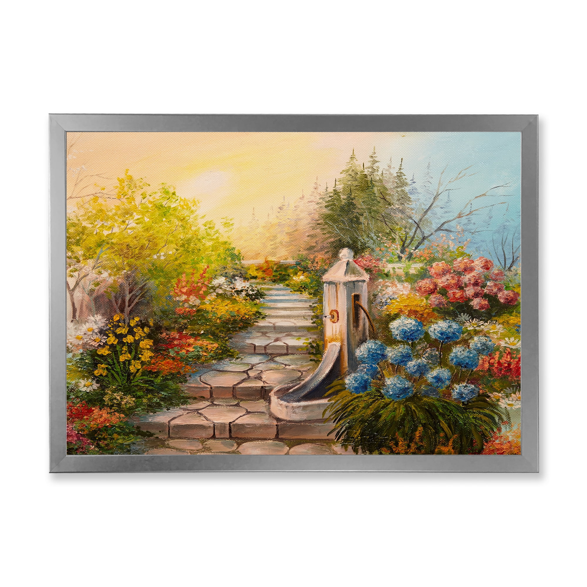 Designart 'Stone Stairs In The Blossoming Flowers Forest' Traditional Framed Art Print