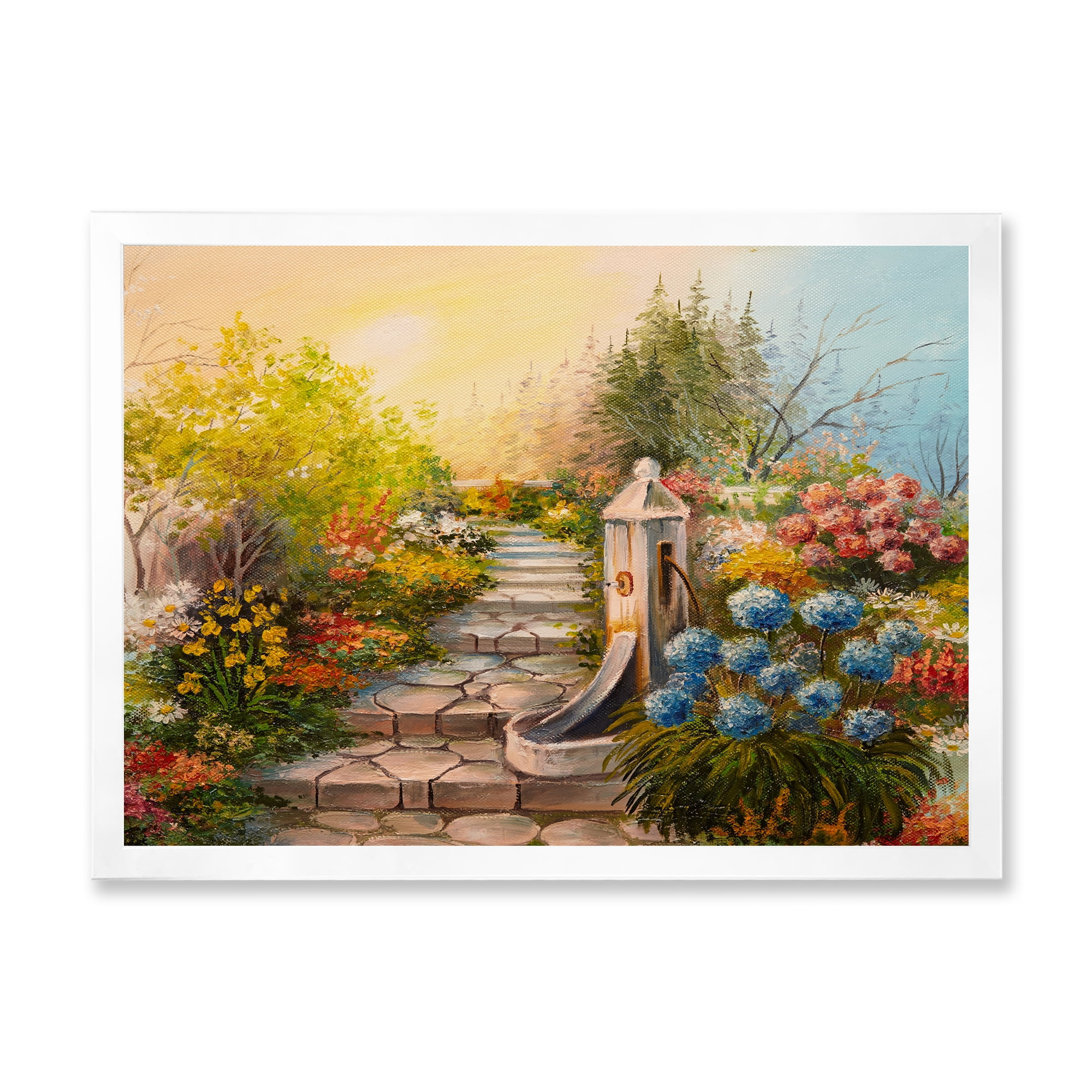 Designart 'Stone Stairs In The Blossoming Flowers Forest' Traditional Framed Art Print