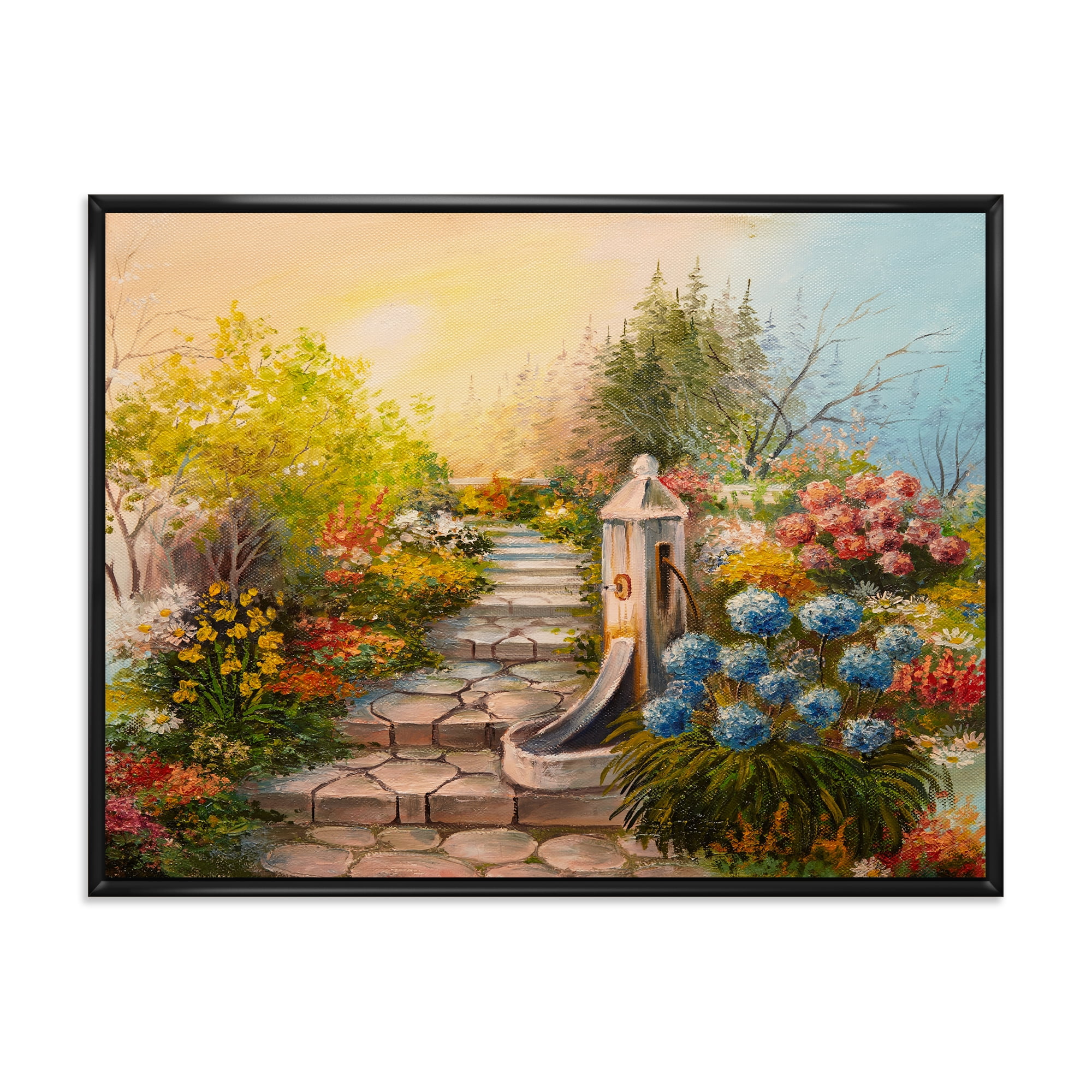 Designart 'Stone Stairs In The Blossoming Flowers Forest' Traditional Framed Canvas Wall Art Print