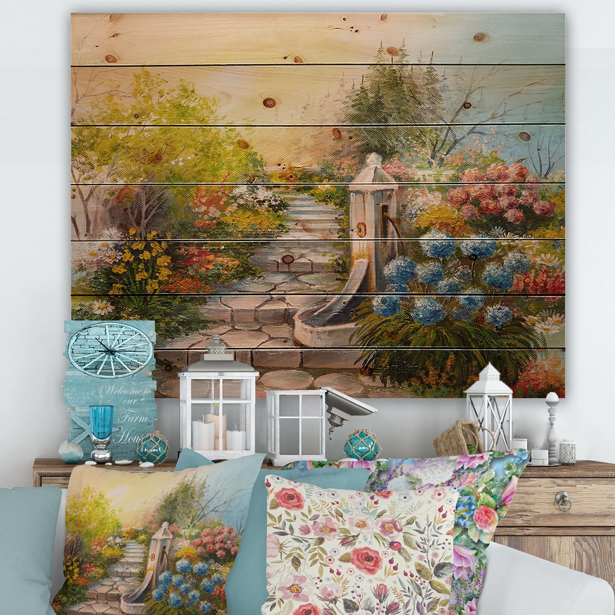 Designart 'Stone Stairs In The Blossoming Flowers Forest' Traditional Print on Natural Pine Wood