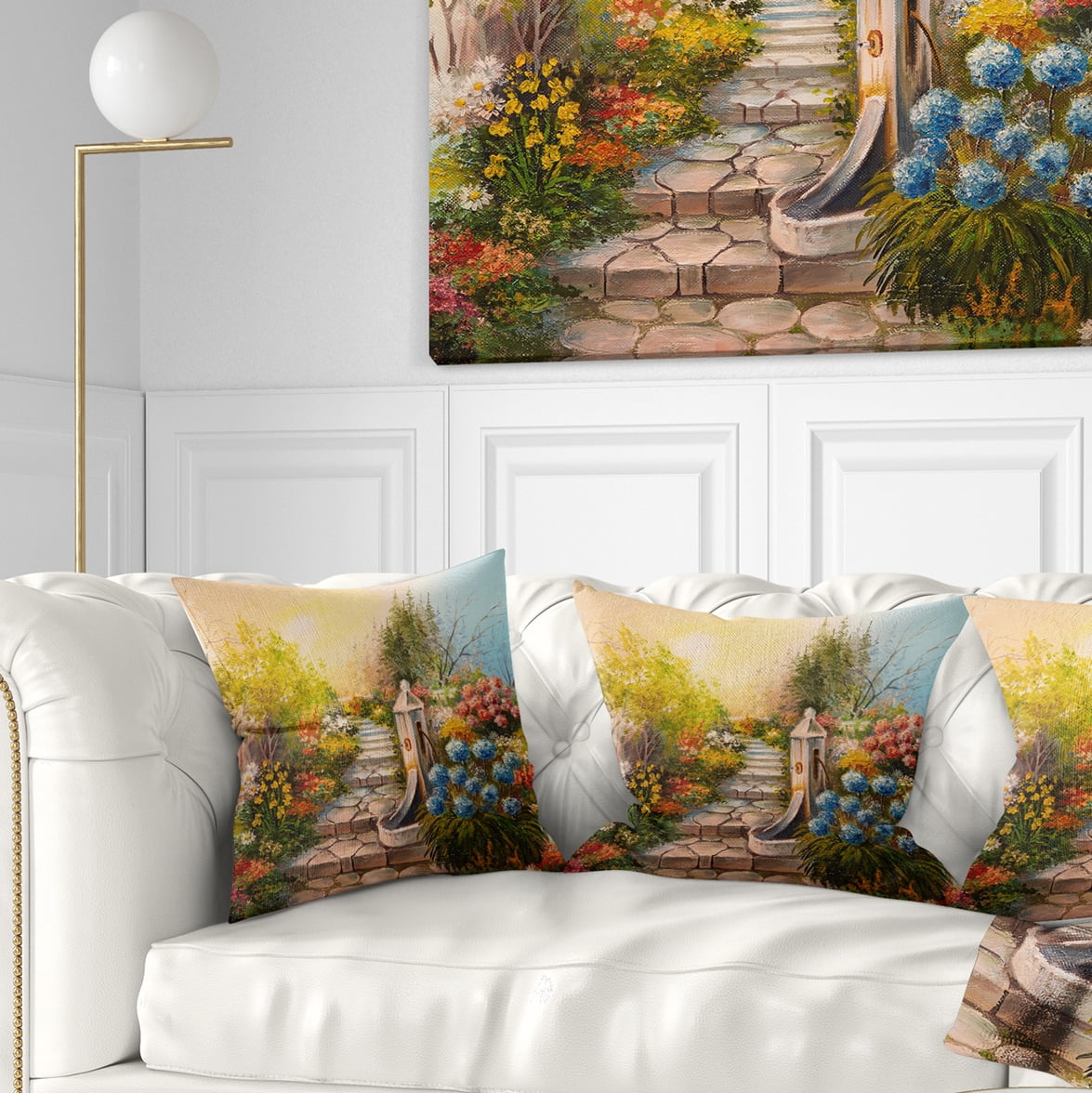 Designart Stone Stairs in Forest - Landscape Painting Throw Pillow - 16x16
