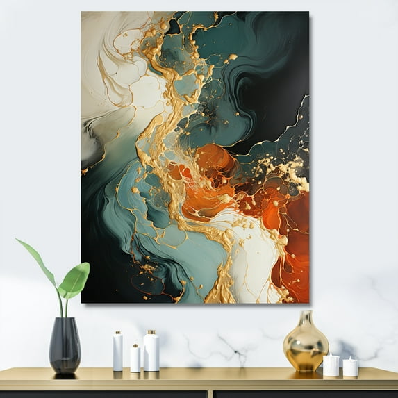 Designart "Stone Storm in White, Blue, and Orange IV" Abstract Canvas Wall Art - Modern Gold Abstract Painting Entryway Wall Art