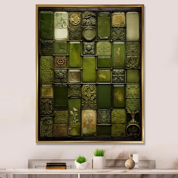 Designart "Stone Tiles in Green I" Abstract Framed Wall Art - Modern Green Abstract Tile Hallway Framed Wall Art Decor