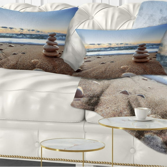 Designart Stones Balance on Sandy Beach - Seashore Throw Pillow - 12x20