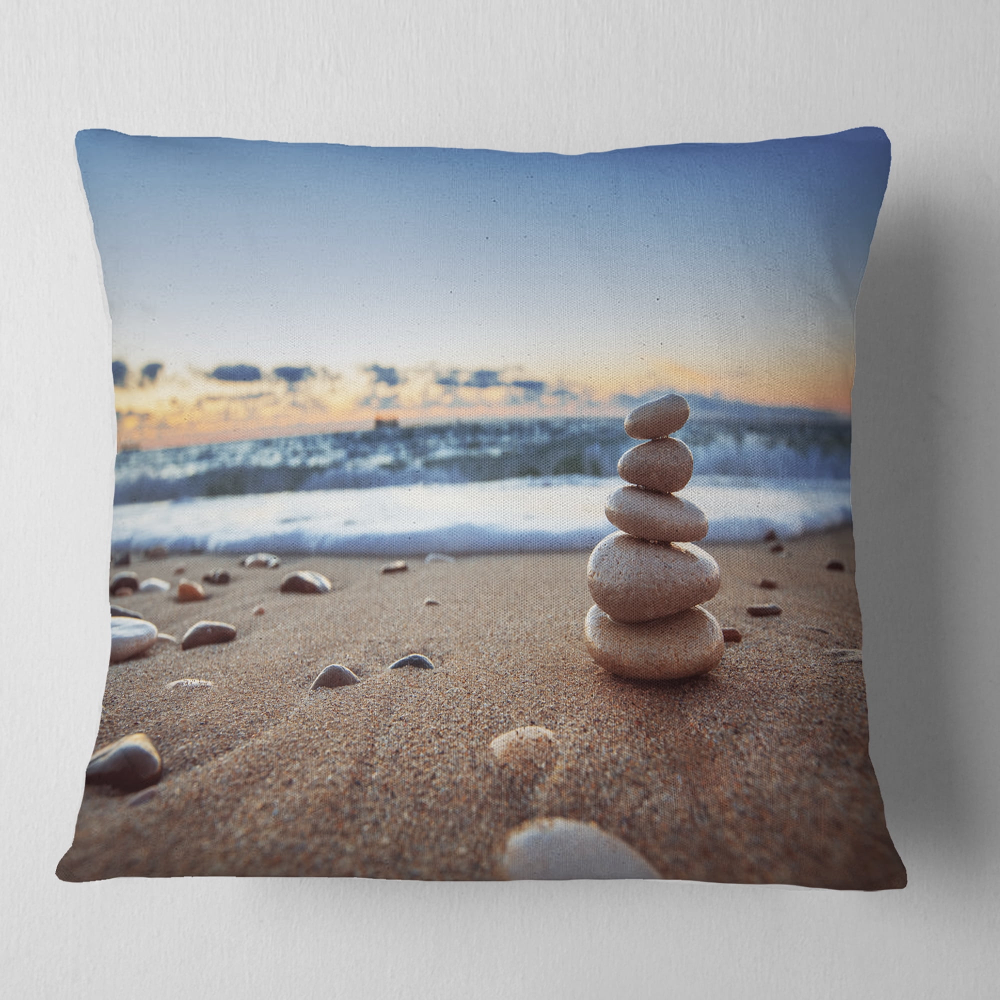 Designart Stones Balance on Sandy Beach - Seashore Throw Pillow - 16x16