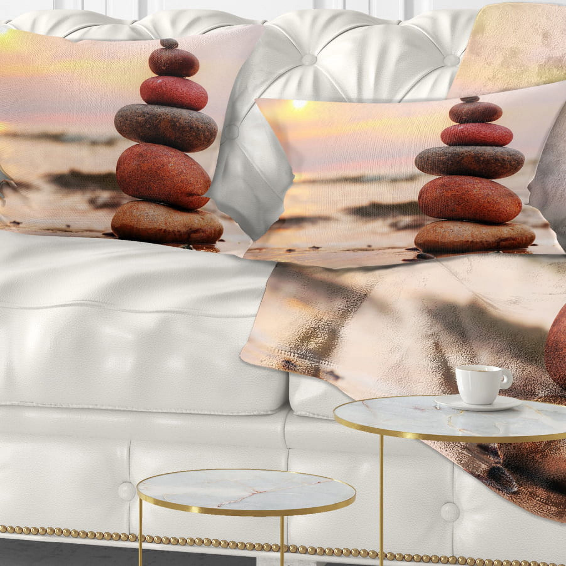 Designart Stones Pyramid on Sand Symbolizing Zen - Landscape Printed Throw Pillow - 12x20