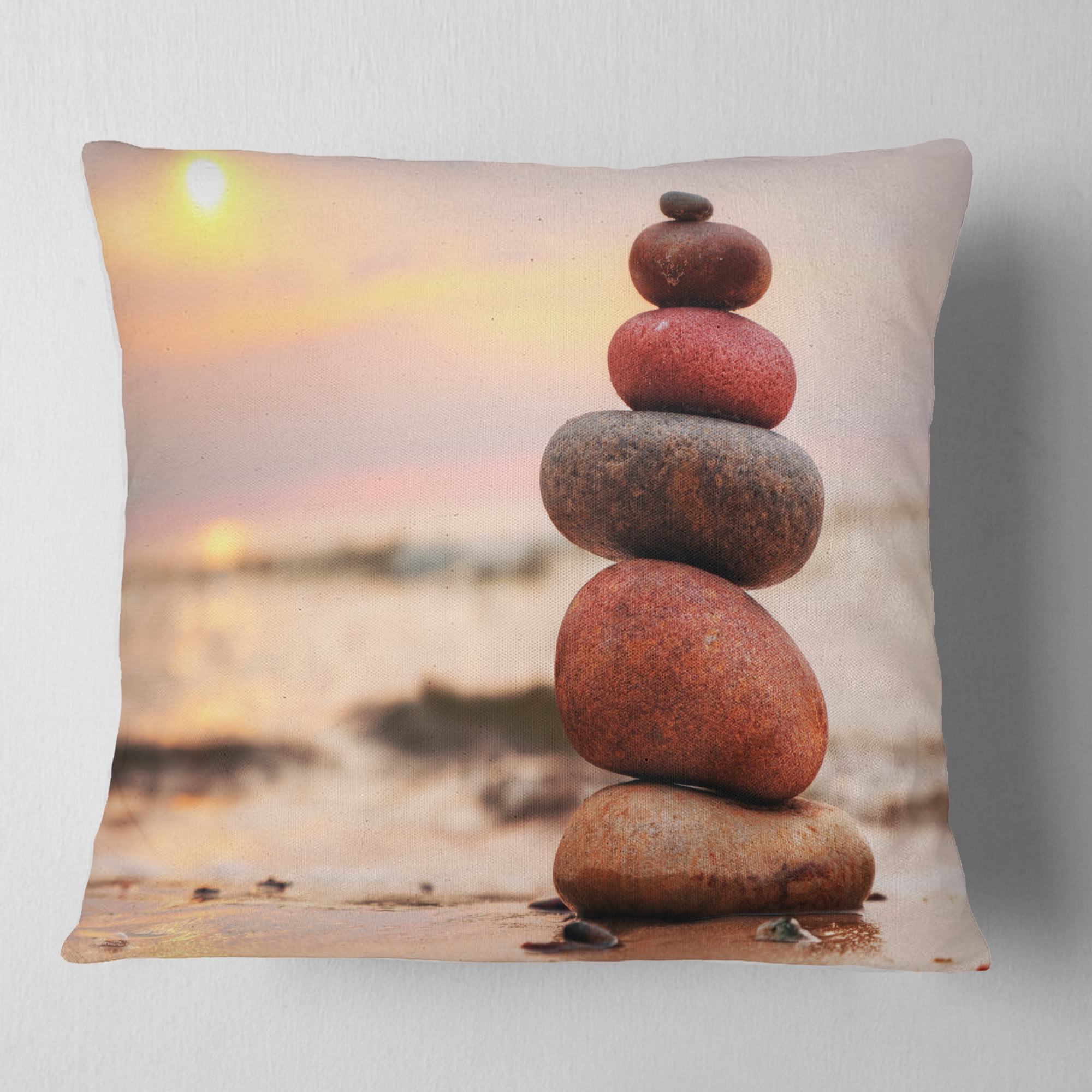 Designart Stones Pyramid on Sand Symbolizing Zen - Landscape Printed Throw Pillow - 18x18