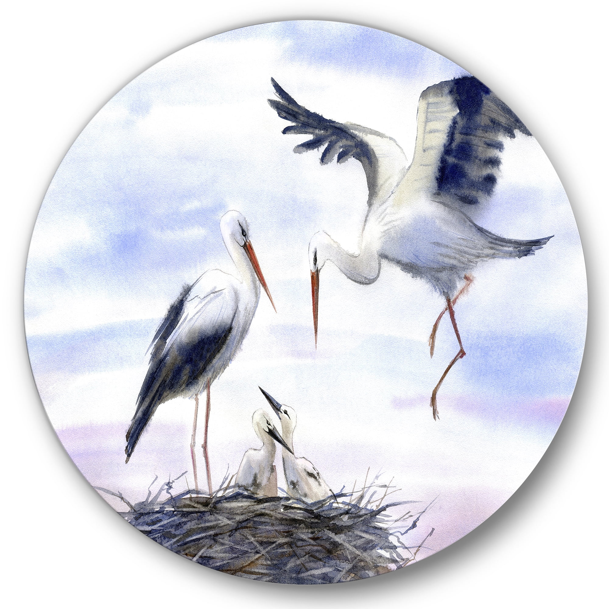 Designart 'Storks With Babies In The Nest' Farmhouse Circle Metal Wall Art 23x23 - Disc of 23