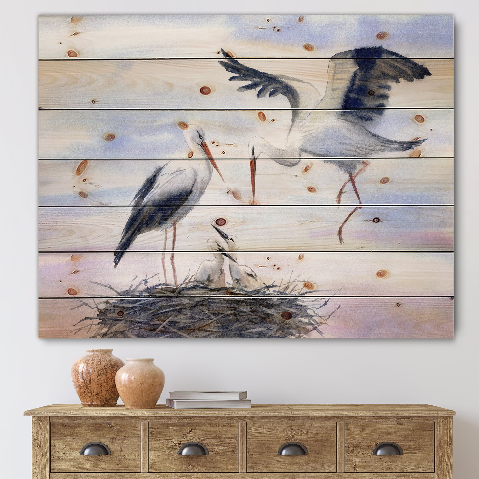 Designart 'Storks With Babies In The Nest' Farmhouse Print on Natural Pine Wood