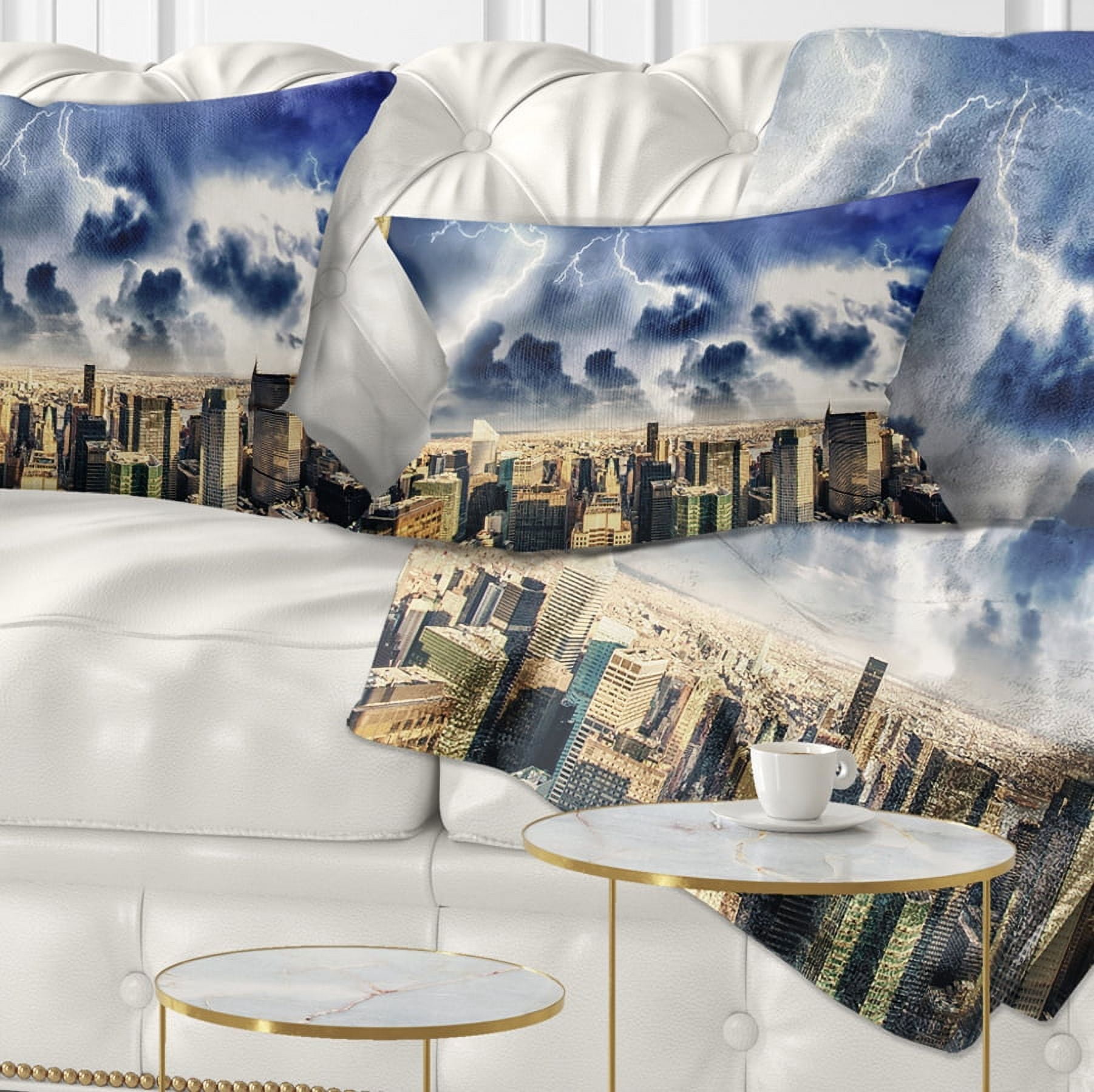 Designart Storm Above Manhattan Skyscrapers - Cityscape Photo Throw Pillow - 12x20