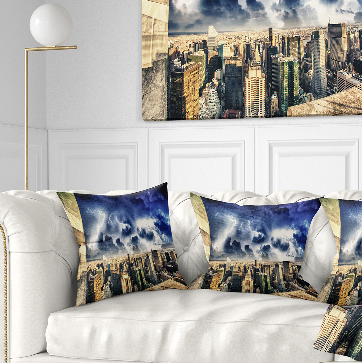Designart Storm Above Manhattan Skyscrapers - Cityscape Photo Throw Pillow - 18x18