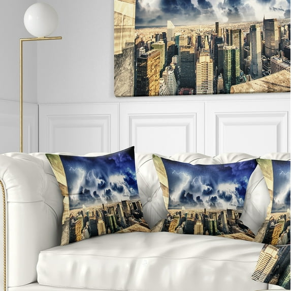Designart Storm Above Manhattan Skyscrapers - Cityscape Photo Throw Pillow - 18x18