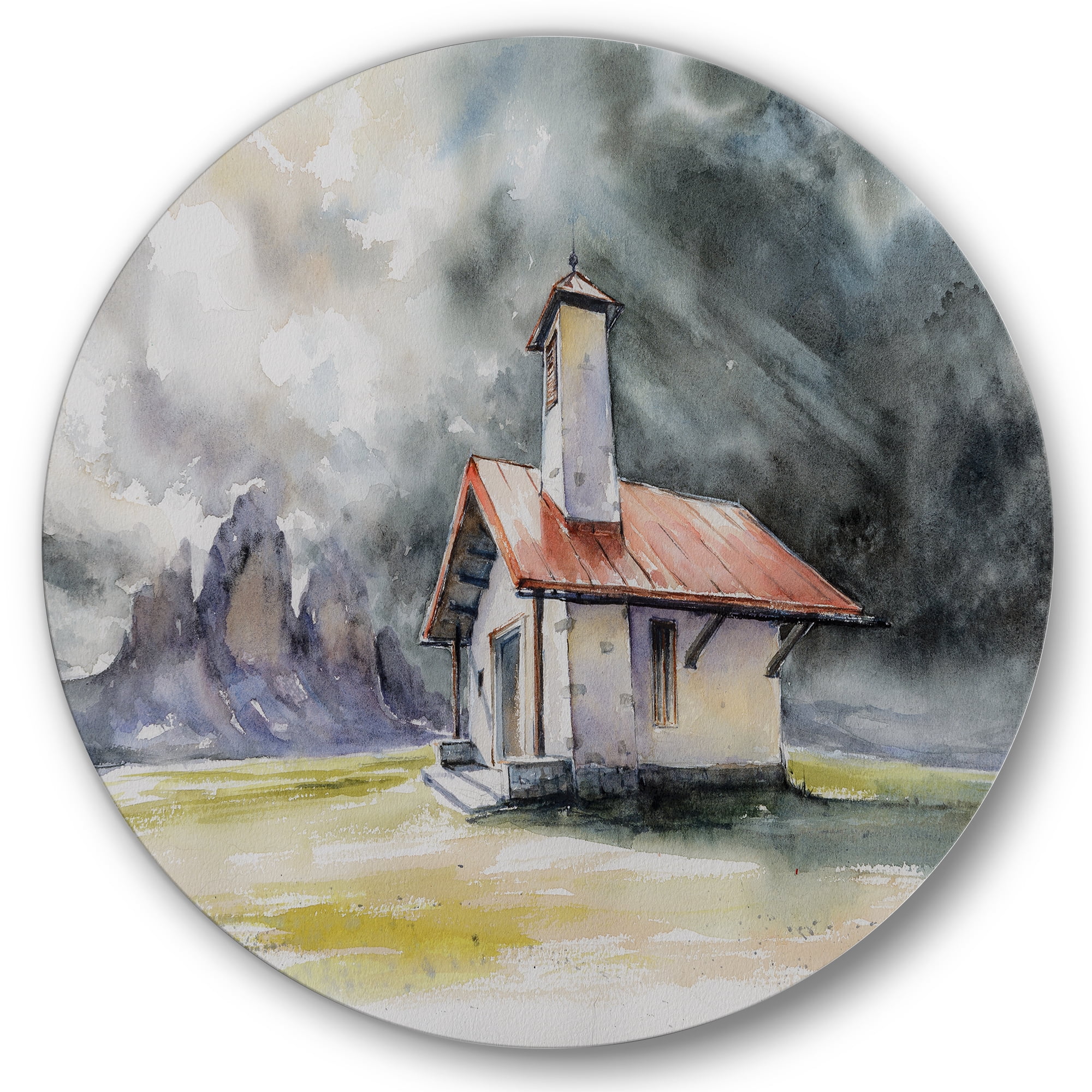 Designart 'Storm On A Rustic House On Mountain Top ' Country Circle Metal Wall Art 11x11 - Disc of 11