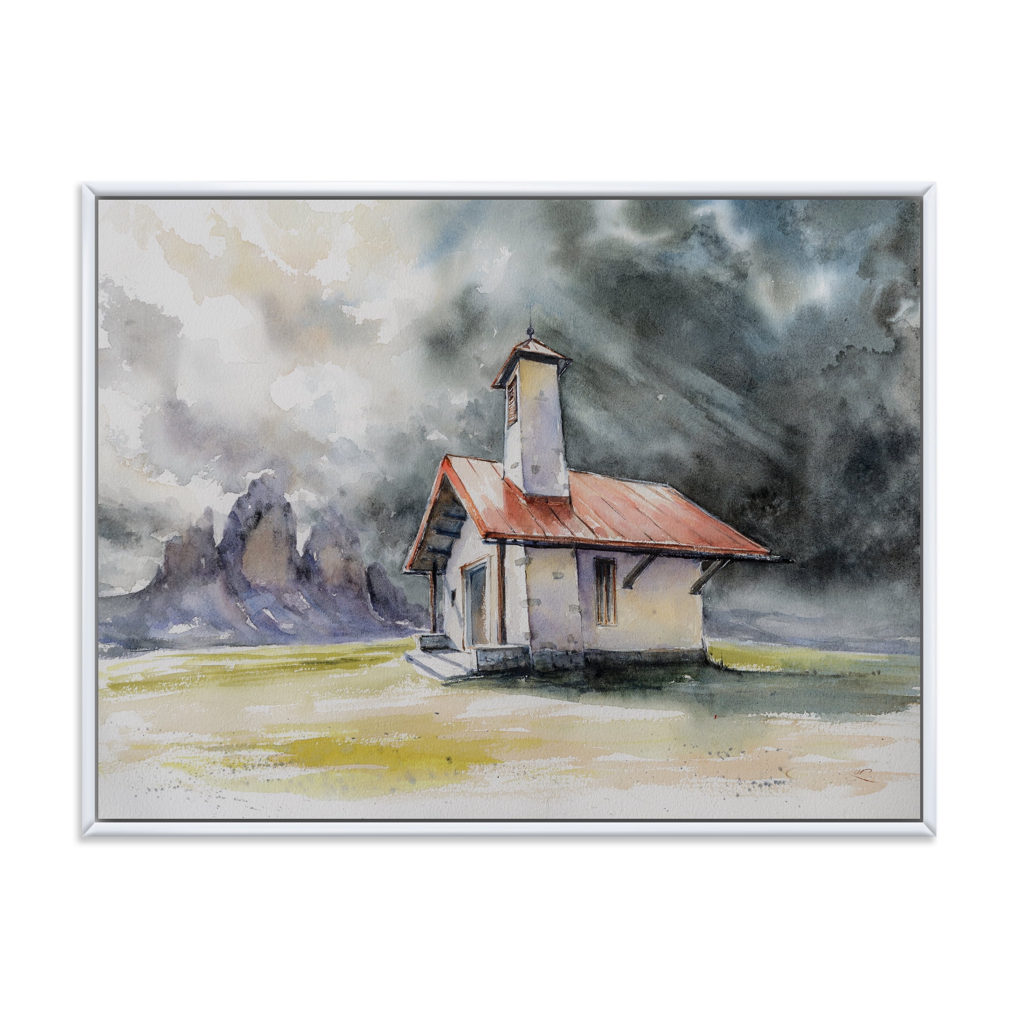 Designart 'Storm On A Rustic House On Mountain Top ' Country Framed Canvas Wall Art Print