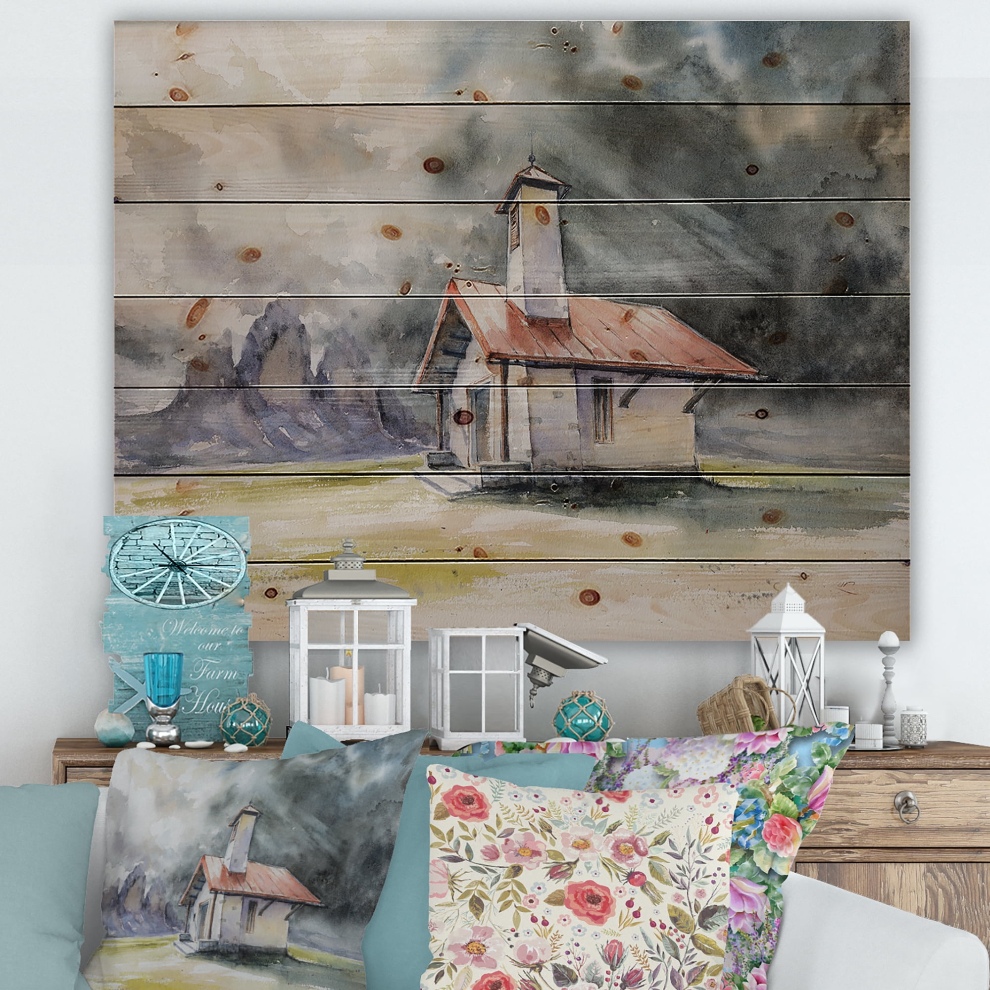 Designart 'Storm On A Rustic House On Mountain Top ' Country Print on Natural Pine Wood