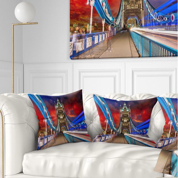 Designart Storm Over Tower Bridge at Night - Cityscape Photo Throw Pillow - 18x18