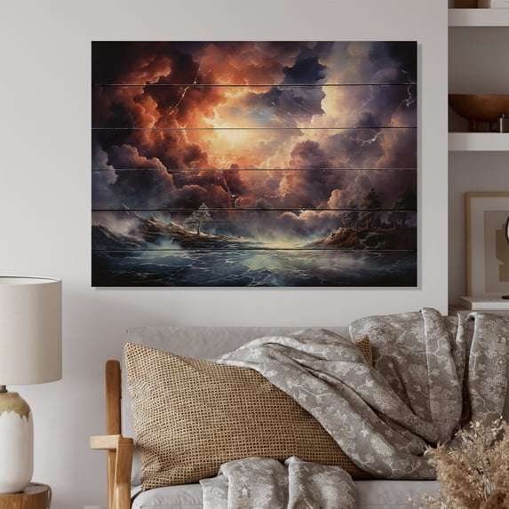 Designart "Storm Power In Flow I" Landscapes Print on Natural Pine Wood
