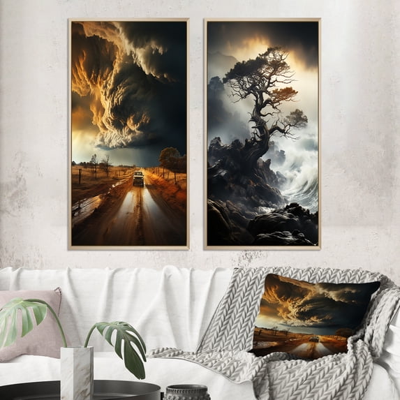 Designart "Storm Raging SPIRAL I" Storms Framed Wall Art Set Of 2 - Grey Landscapes Gallery Wall Frame Set For Home Decor