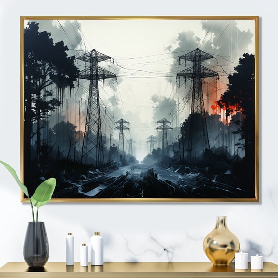 Designart "Stormy Cityscape With Ebony Edges Of Power Lines" Power Lines Floater Framed Canvas Prints
