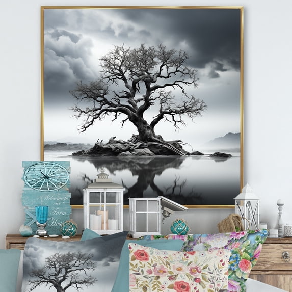 Designart "Stormy Gray Emotional Treescape I" Tree Monochrome Floater Framed Wall Decor