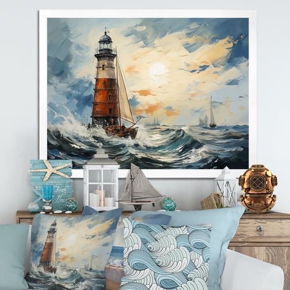Designart "Stormy Sea at the Lighthouse II" Architecture Framed Wall Art Decor - Coastal Red Lighthouses Entryway Framed Wall Art Print