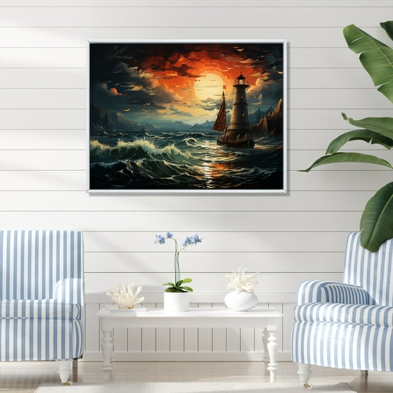 Designart "Stormy Sea at the Lighthouse IV" Architecture Framed Wall Art - Coastal Red Lighthouses Hallway Framed Wall Art Decor