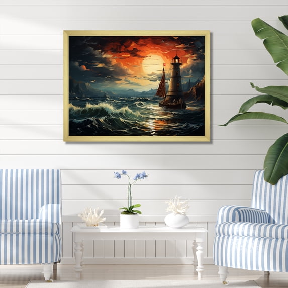 Designart "Stormy Sea at the Lighthouse IV" Architecture Framed Wall Art Decor - Coastal Red Lighthouses Bedroom Framed Canvas Wall Art