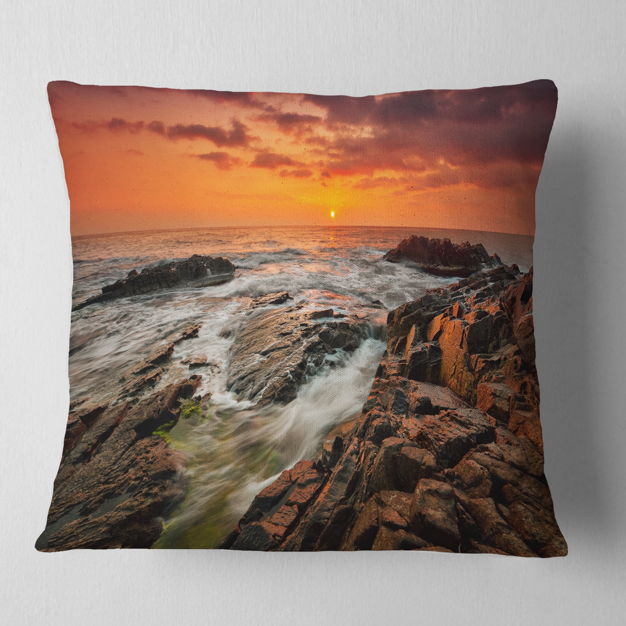 Designart Stormy Waves Rushing Into Rocks - Beach Photo Throw Pillow - 18x18