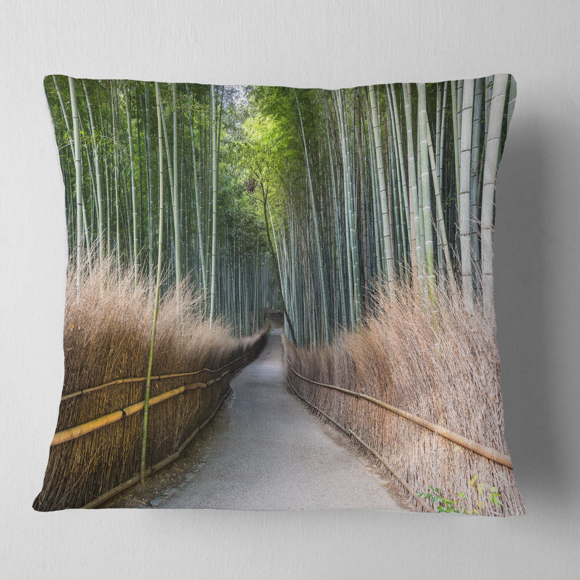 Designart Straight Path in Bamboo Forest - Forest Throw Pillow - 16x16