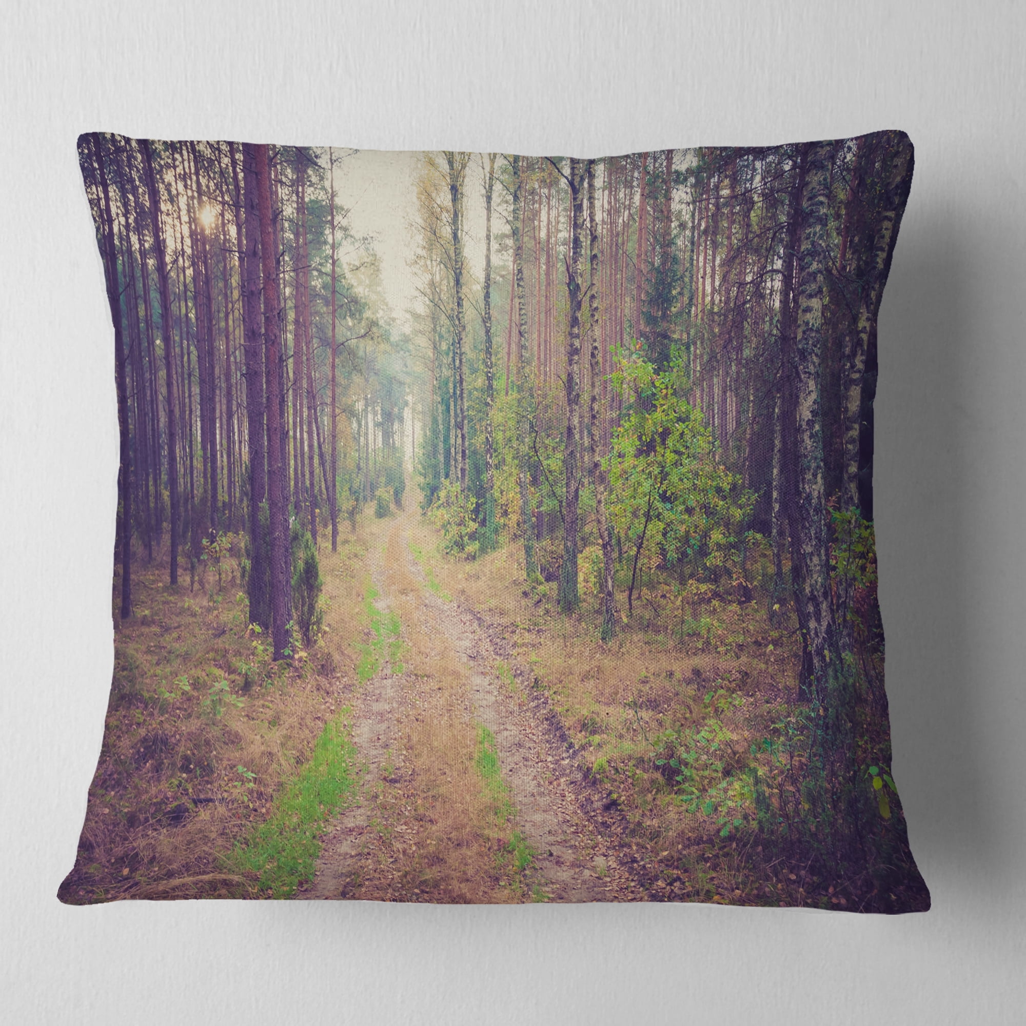 Designart Straight Pathway in Thick Forest - Modern Forest Throw Pillow - 18x18