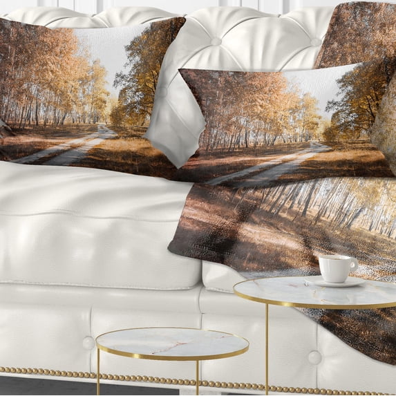 Designart Straight Road in Fall Birch Grove - Modern Forest Throw Pillow - 12x20