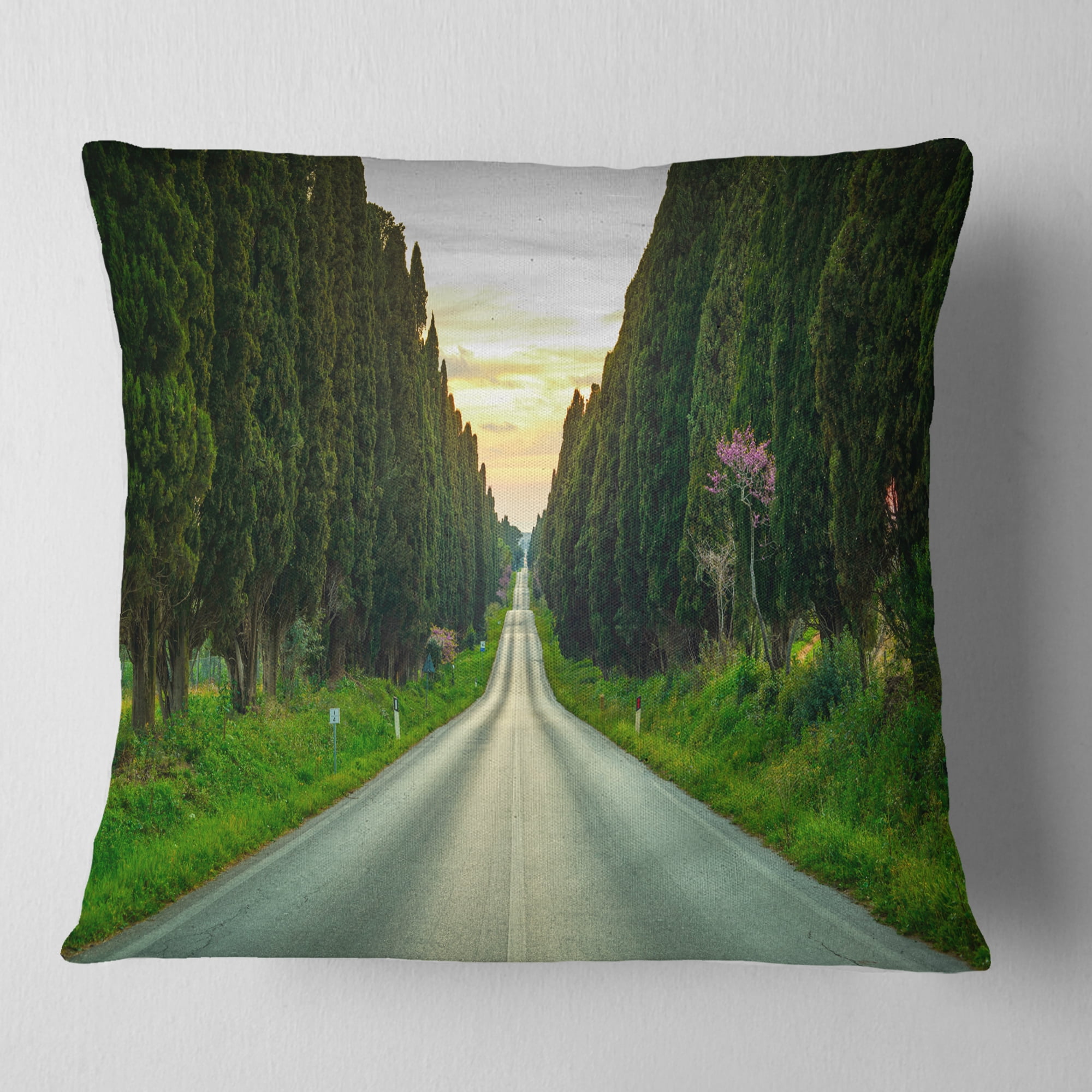Designart Straight Road through Cypress Trees - Landscape Wall Throw Pillow - 18x18