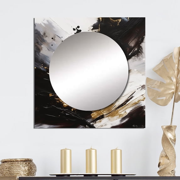 Designart "Stream Joy Abstract Gold Black White III" Abstract Painting Square Mirror Wall Decor Modern - Large Gold Square Bathroom Mirror - Square Printed Wall Mirror Art