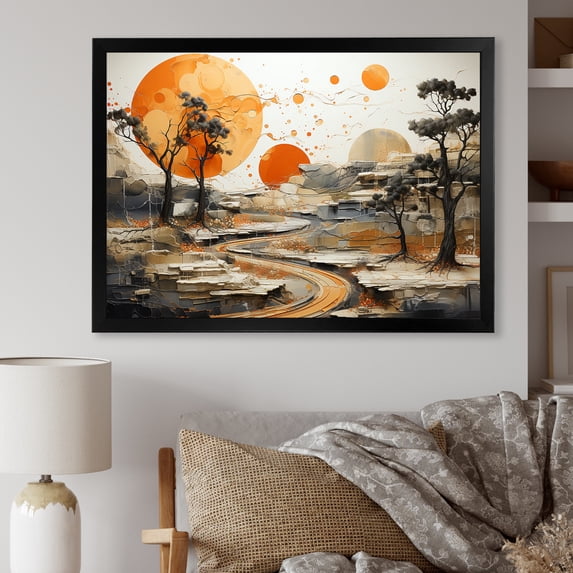 Designart "Stream Sunset Abstract Orange Landscape Glow II" Landscapes Framed Wall Art Decor - Modern Orange Abstract Landscapes Entryway Framed Wall Art Print
