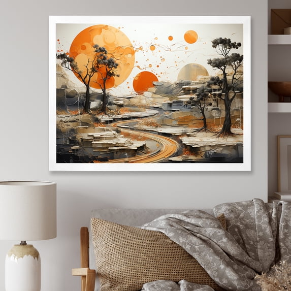 Designart "Stream Sunset Abstract Orange Landscape Glow II" Landscapes Framed Wall Art Decor - Modern Orange Abstract Landscapes Entryway Framed Wall Art Print