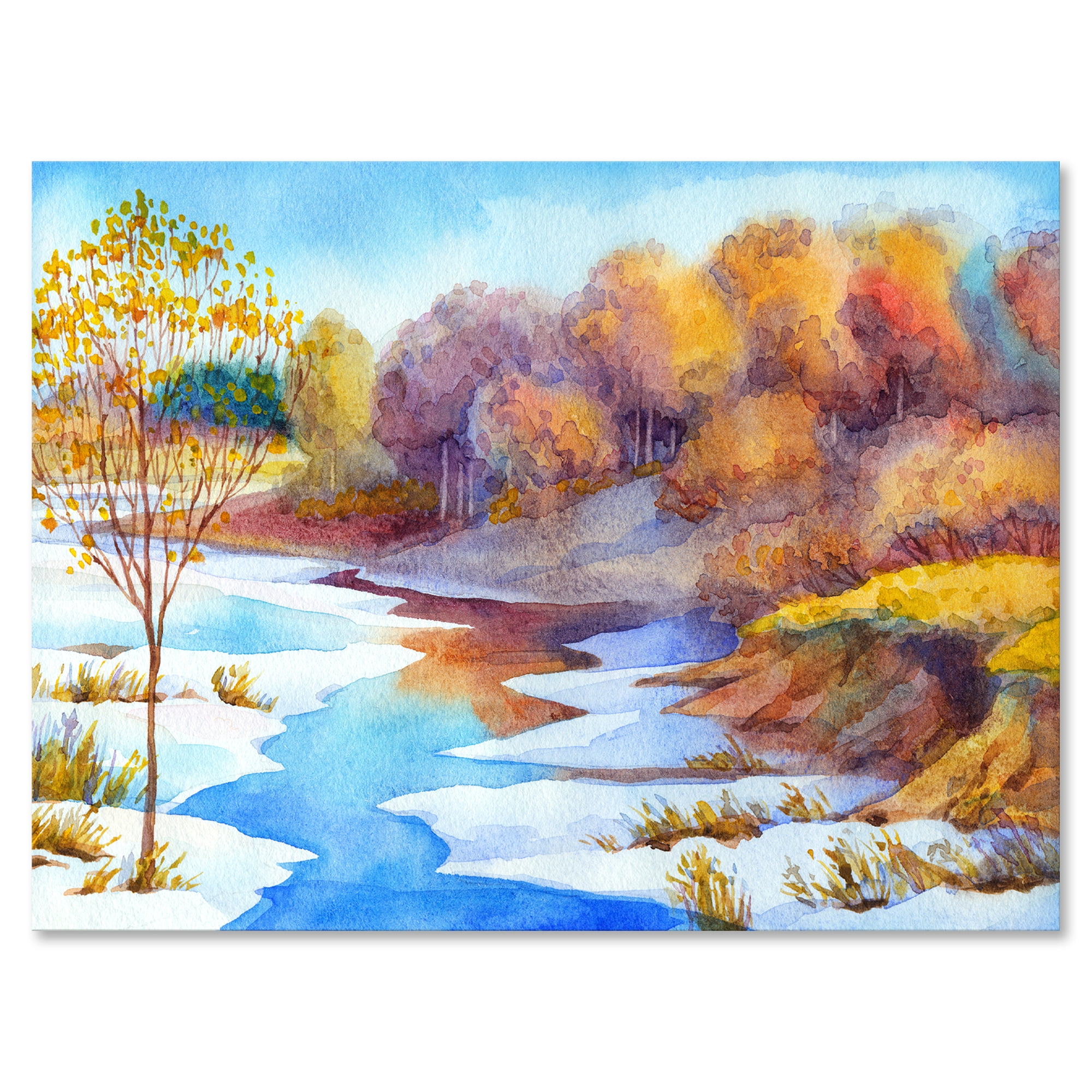 Designart ' Stream Though The Winter Forest Valley ' Lake House Canvas Wall Art Print