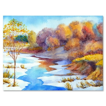 Designart ' Stream Though The Winter Forest Valley ' Lake House Canvas Wall Art Print