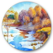 Designart 'Stream Though The Winter Forest Valley' Lake House Circle Metal Wall Art 36x36 - Disc of 36
