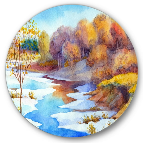 Designart 'Stream Though The Winter Forest Valley' Lake House Circle Metal Wall Art 36x36 - Disc of 36