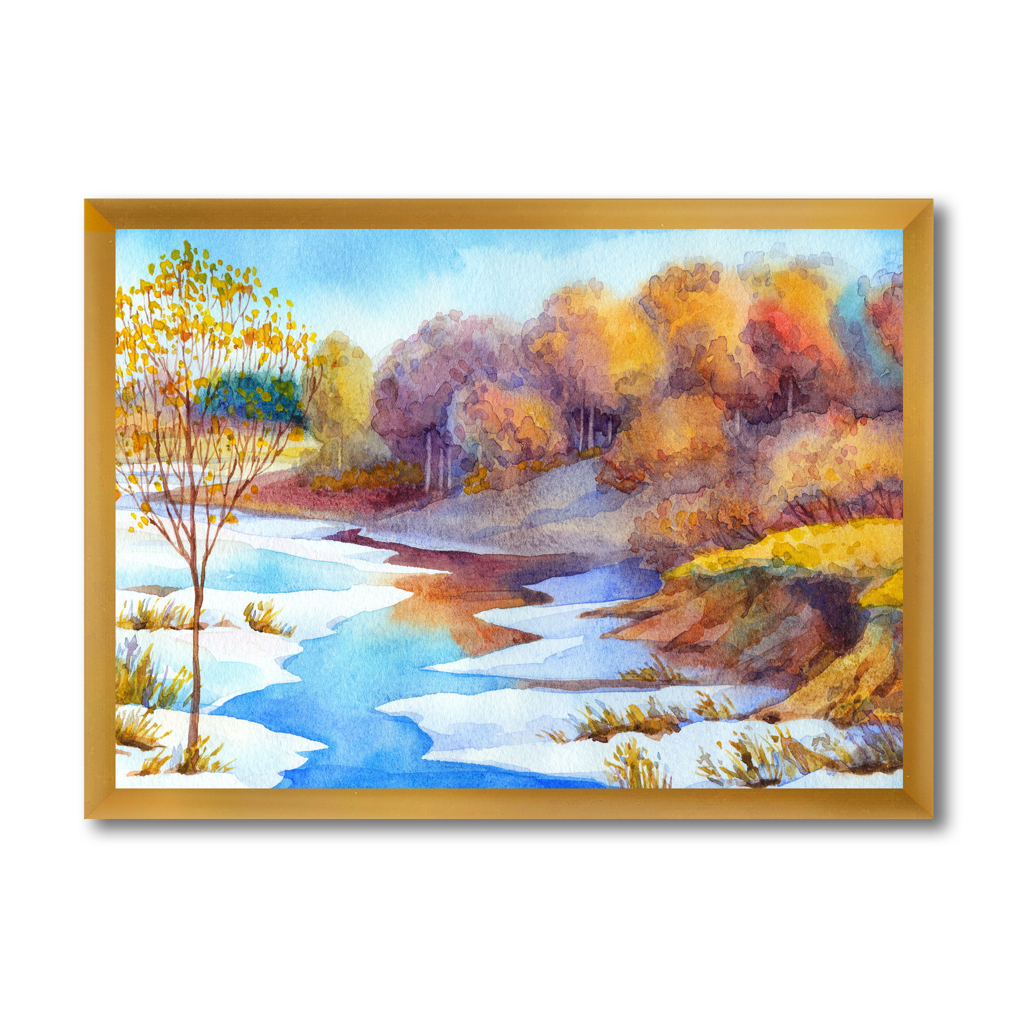 Designart 'Stream Though The Winter Forest Valley' Lake House Framed Art Print