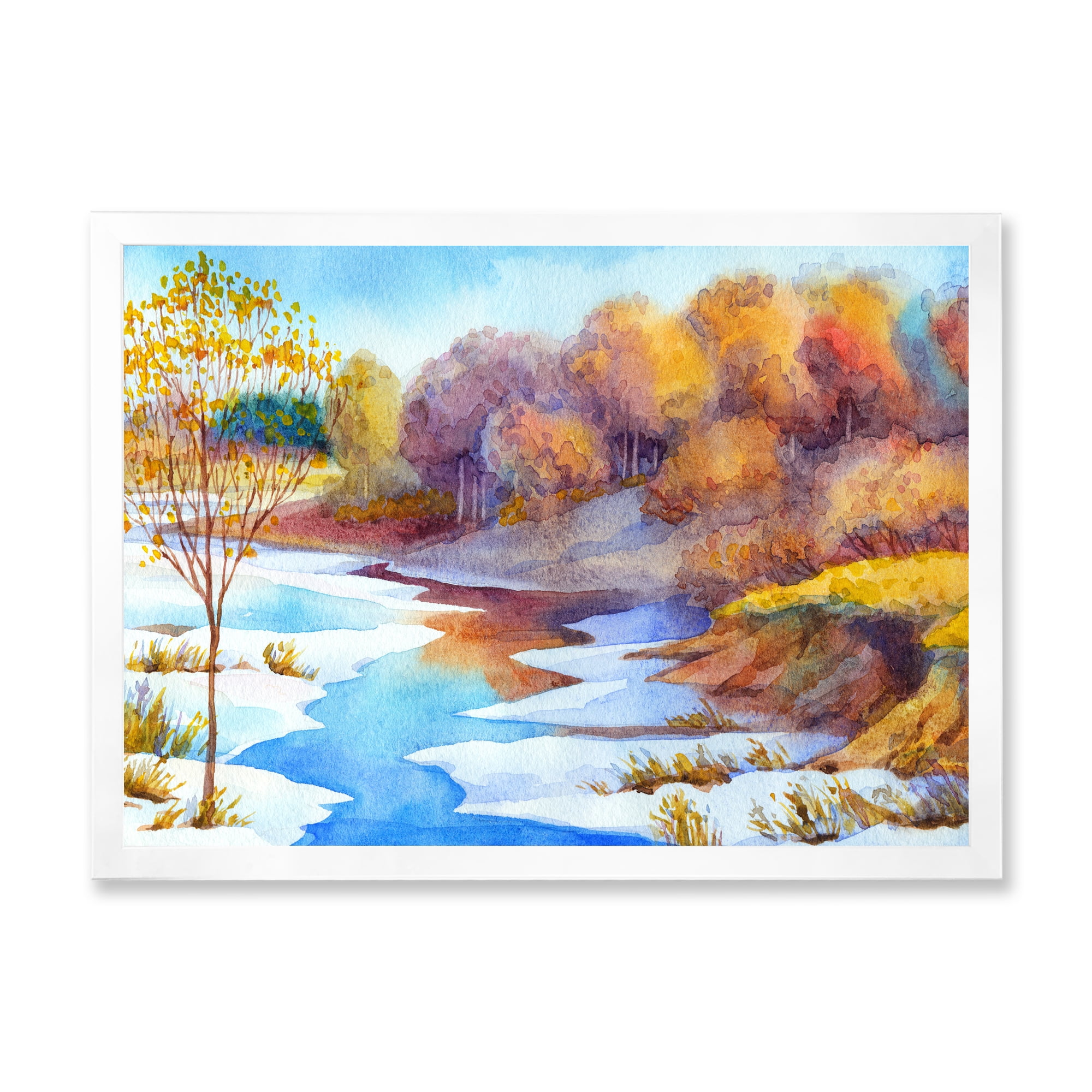 Designart 'Stream Though The Winter Forest Valley' Lake House Framed Art Print