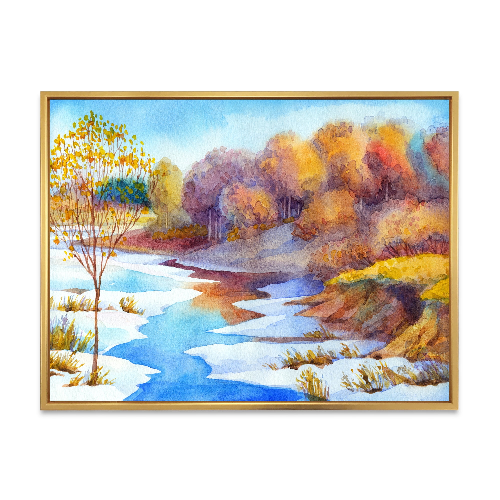 Designart 'Stream Though The Winter Forest Valley' Lake House Framed Canvas Wall Art Print