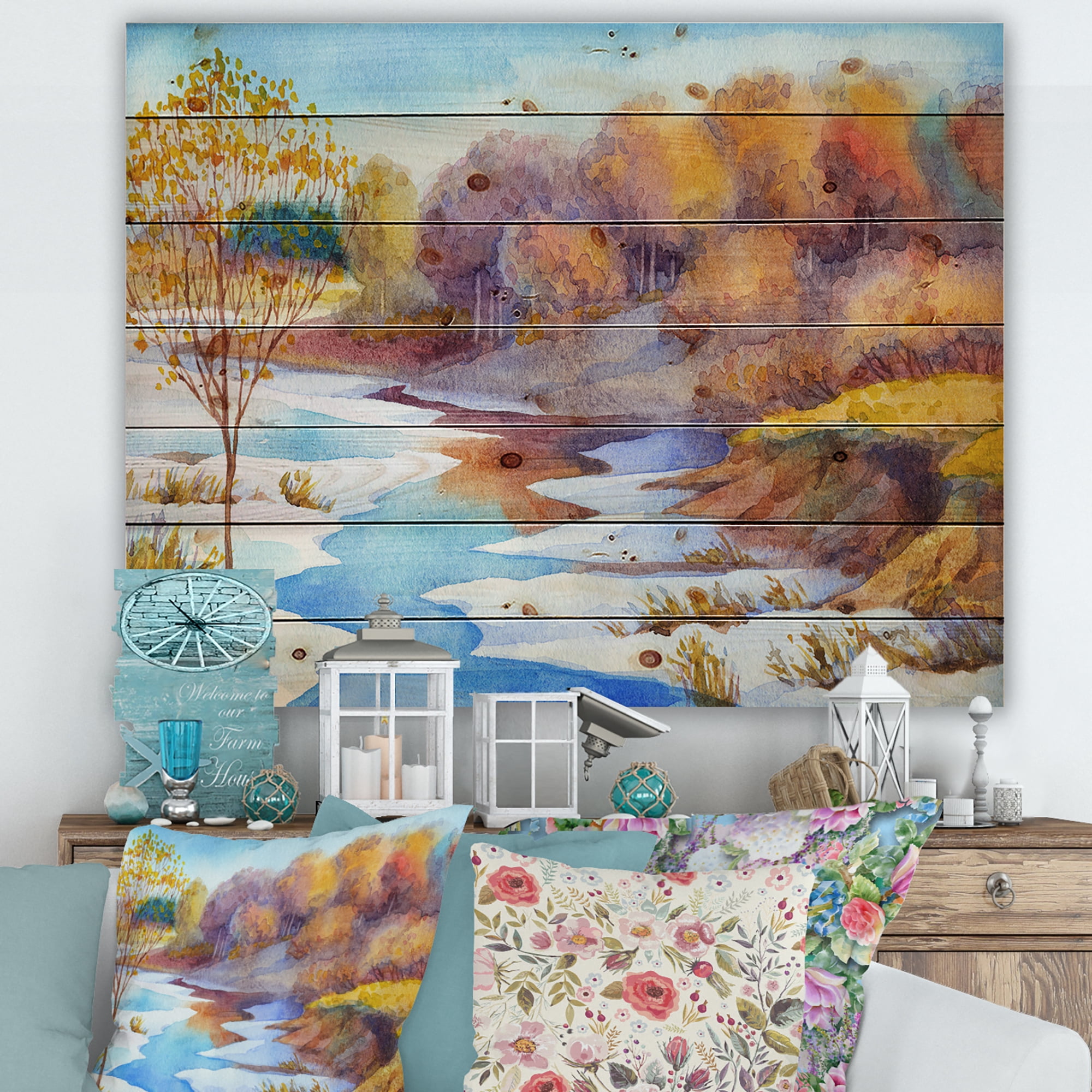 Designart 'Stream Though The Winter Forest Valley' Lake House Print on Natural Pine Wood