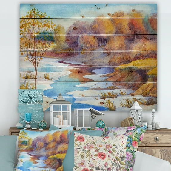 Designart 'Stream Though The Winter Forest Valley' Lake House Print on Natural Pine Wood